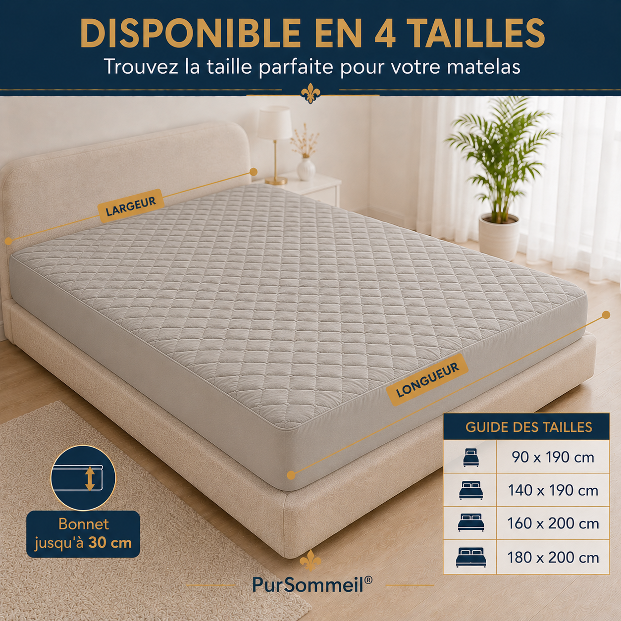 Guide des tailles du protège-matelas 3D Premium PurSommeil, disponible de 90x190 à 200x220 cm