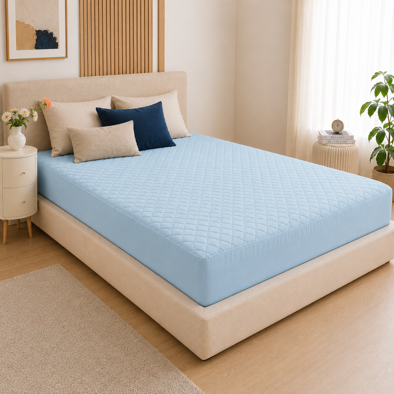 Protège-matelas 3D Premium coloris Bleu Clair sur un lit double dans une chambre lumineuse — PurSommeil