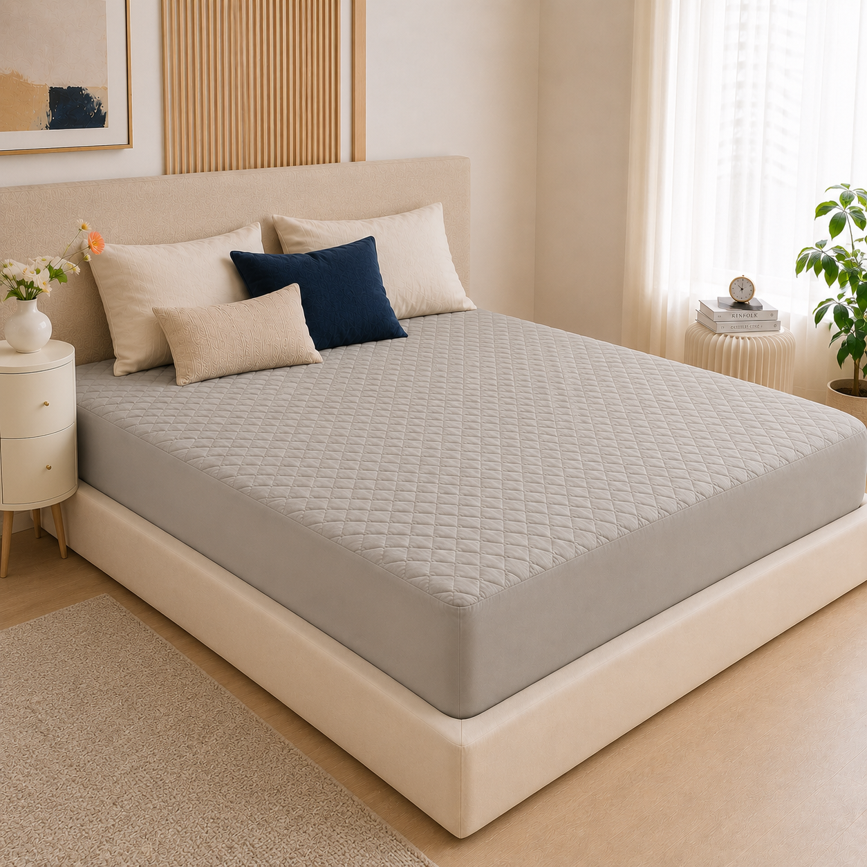 Protège-matelas 3D Premium gris clair imperméable installé sur un lit king size dans une chambre cosy — PurSommeil