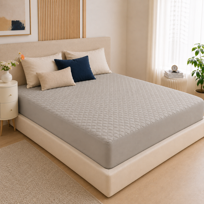 Protège-matelas 3D Premium gris clair imperméable installé sur un lit king size dans une chambre cosy — PurSommeil