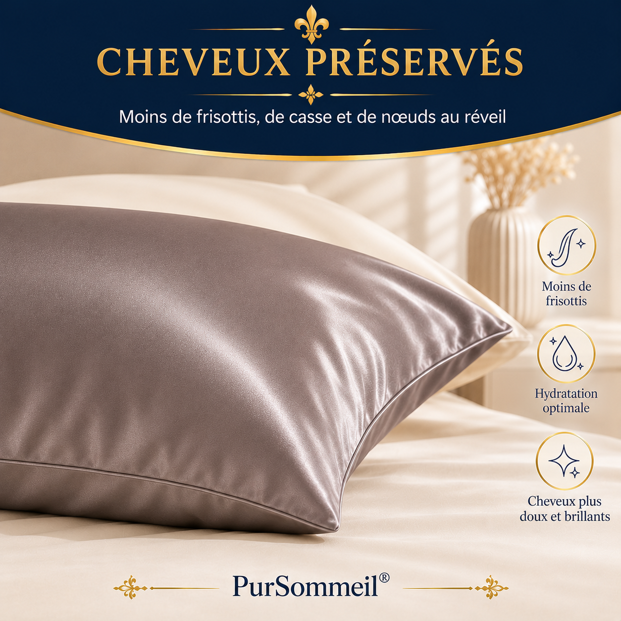 Taie d'Oreiller Satin Soyeux — Cheveux & Peau Préservés | PurSommeil