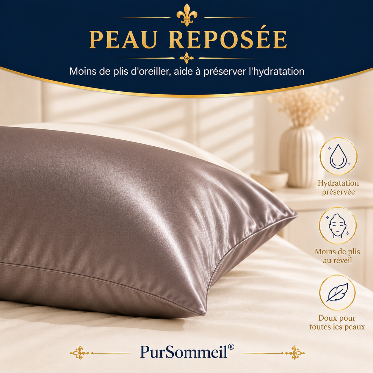 Taie d'Oreiller Satin Soyeux — Cheveux & Peau Préservés | PurSommeil