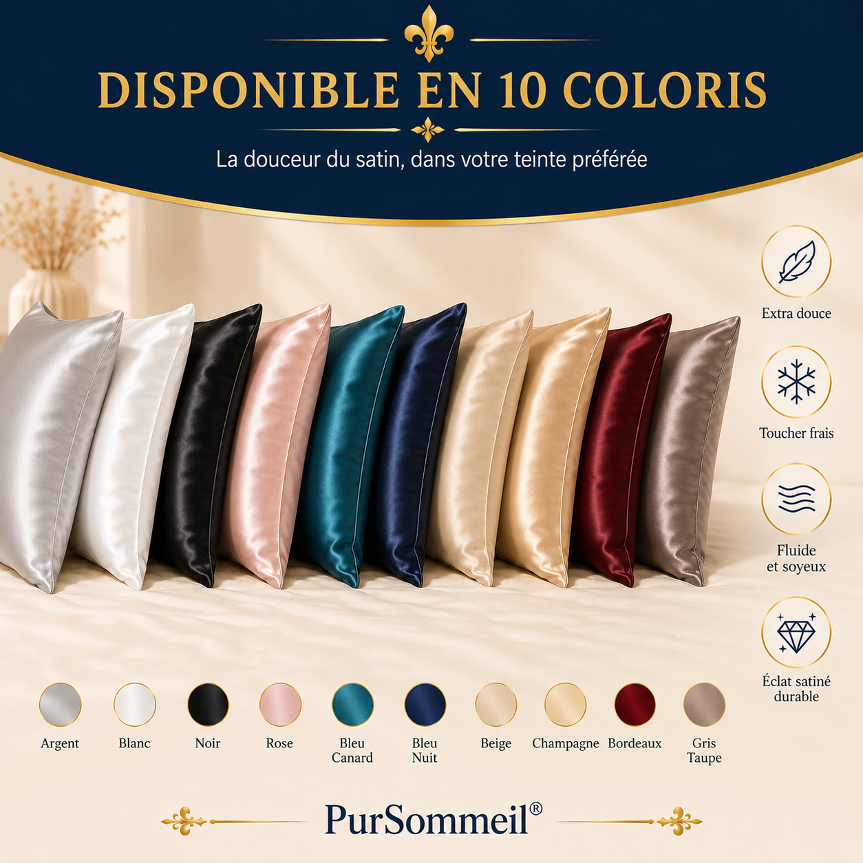 Taie d'oreiller en satin — surface soyeuse et brillante anti-frizz