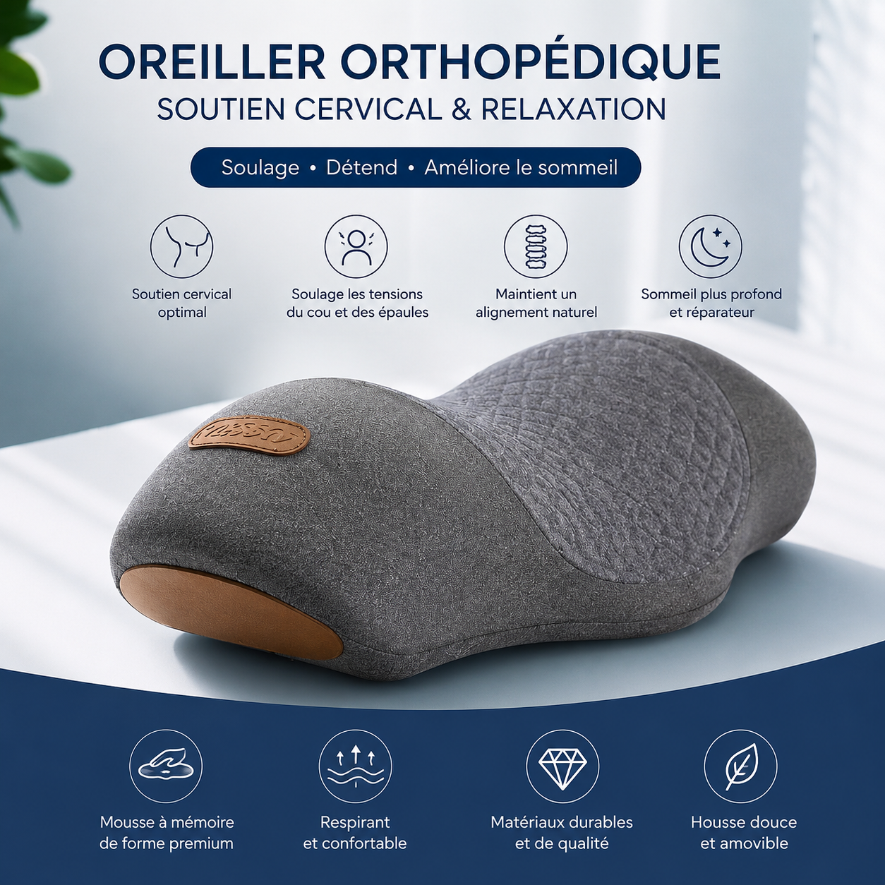 Oreiller Cervical Ergonomique – Mousse à Mémoire de Forme, Soutien Nuque et Épaules, Sommeil Réparateur — vue de face